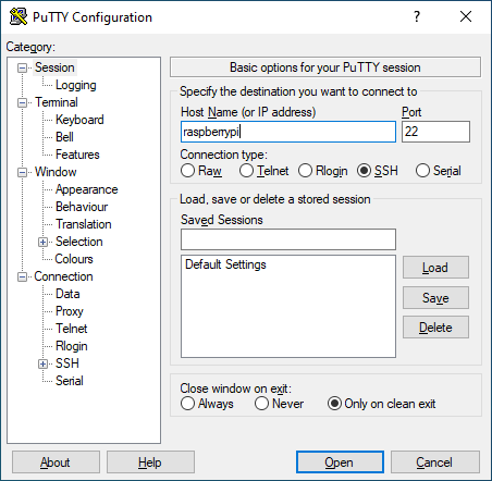 putty application to ssh into raspberry pi