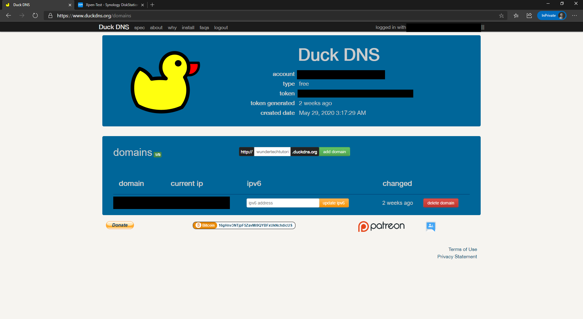 DDNS Xpenology - duckdns webpage