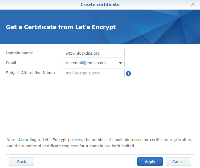 domain name and email for certificate