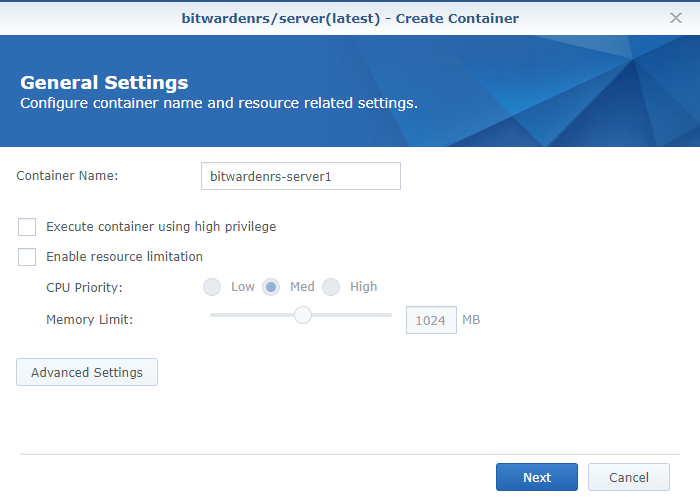 container name creation and selecting advanced settings