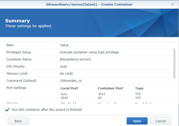 How to Setup Bitwarden on a Synology NAS! 8 applying settings for container