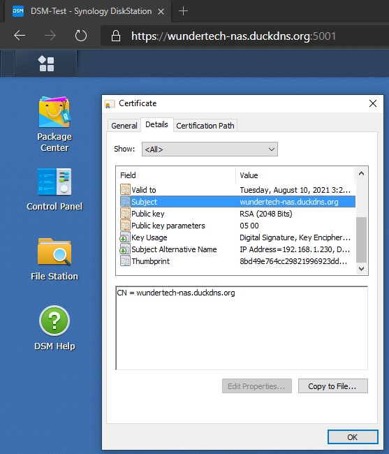 ssl certificate synology nas for the domain created above