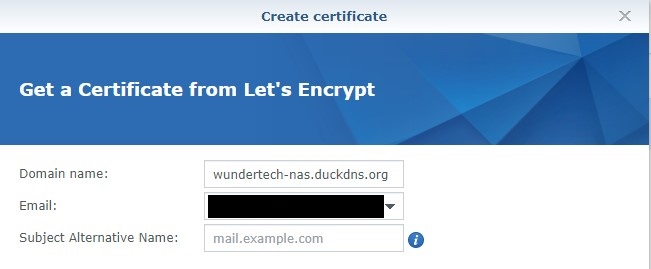 Synology NAS SSL Certificate - adding the domain/email to get a certficiate