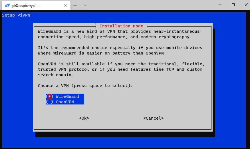 How to Setup WireGuard on a Raspberry Pi - selecting wireguard in pivpn
