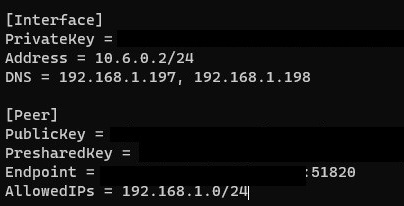 the wg0 configuration file settings for interface and peer