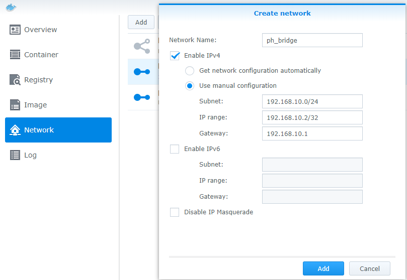 synology nas docker pi-hole bridge creation