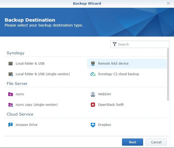 selecting remote nas device in hyper backup