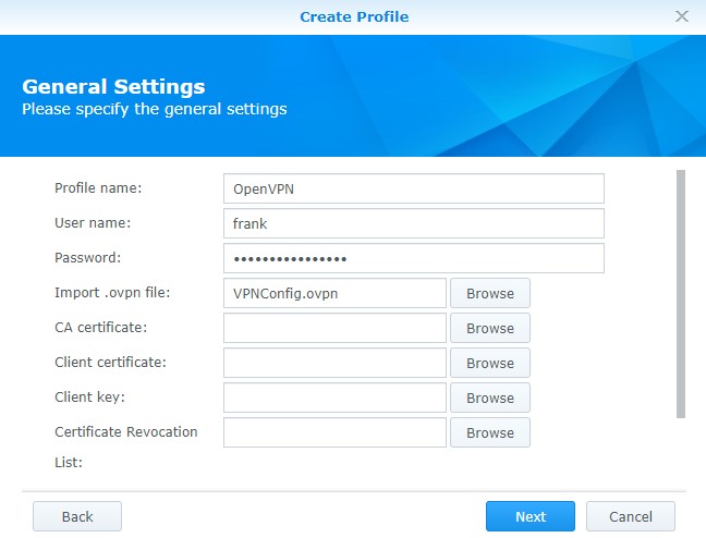 adding the openvpn settings to the profile