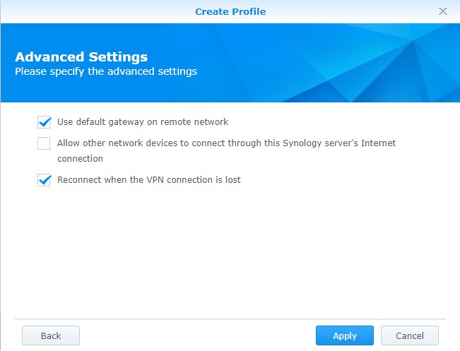 selecting the settings for the gateway