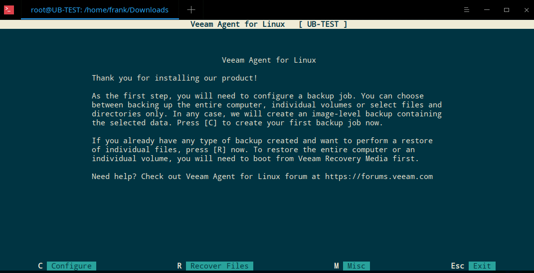 veeam main screen in linux