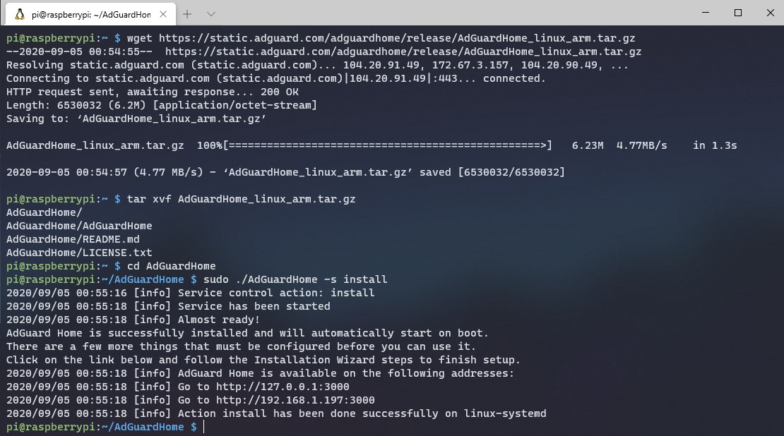 adguard home raspberry pi - running commands to install adguard