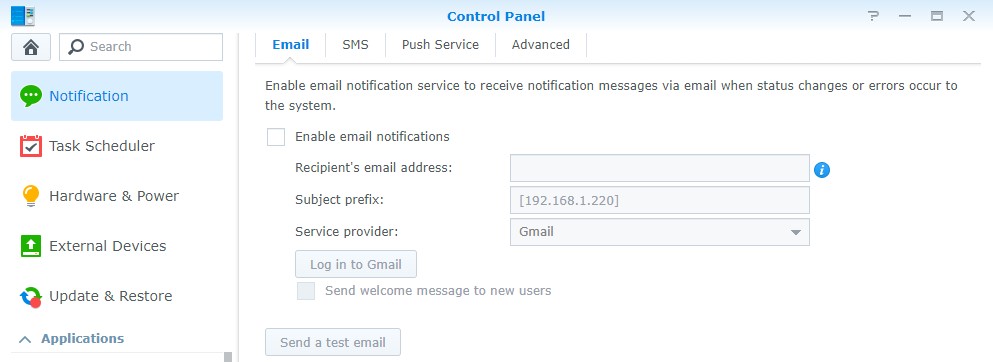 synology nas notifications in control panel