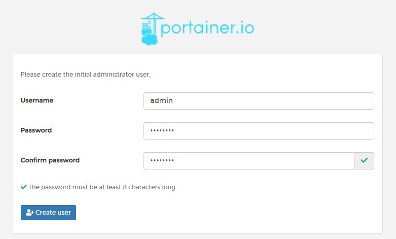 creating an account for portainer