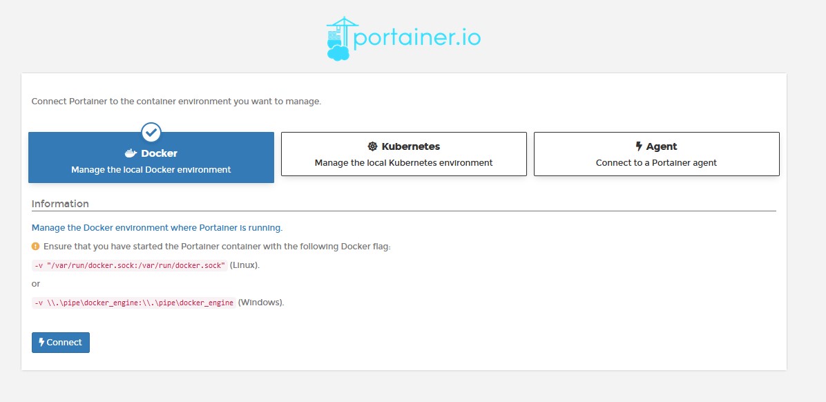 portainer debian - connecting to the local docker instance