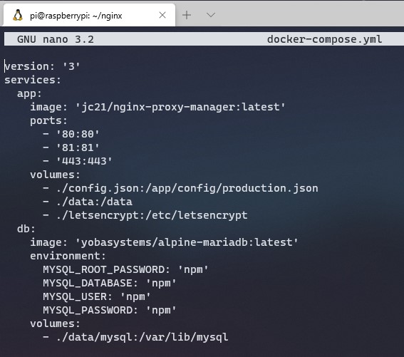 nginx proxy manager raspberry - docker-compose settings