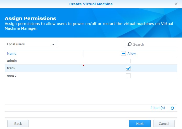 user permissions for virtual machine