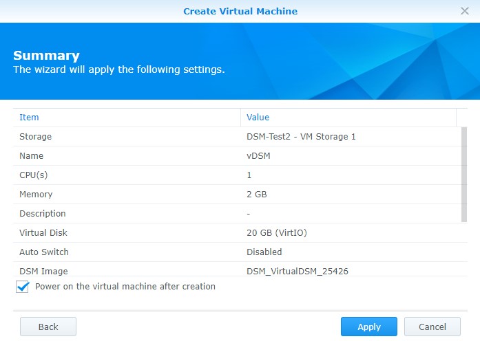 virtual machine settings before creation