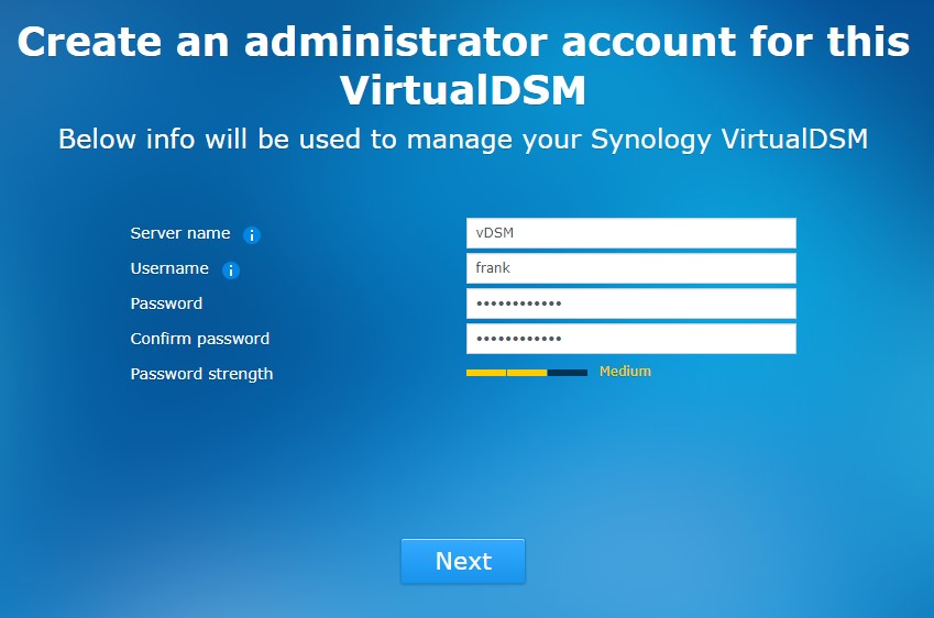 Synology DSM Virtual Machine admin account creation