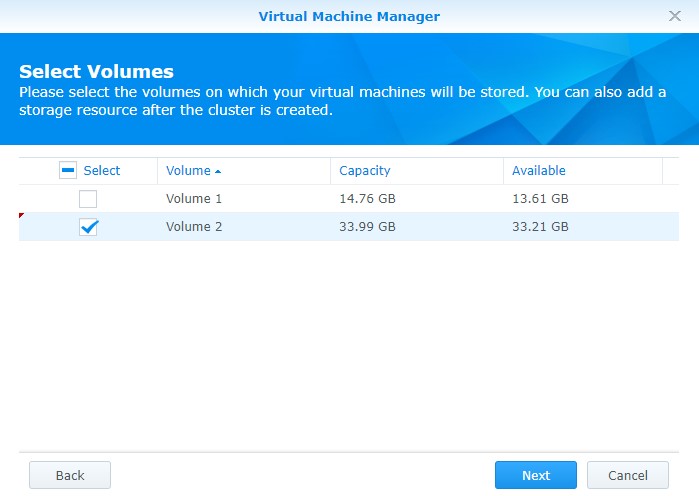 Synology DSM Virtual Machine - volumes virtual machine manager will use