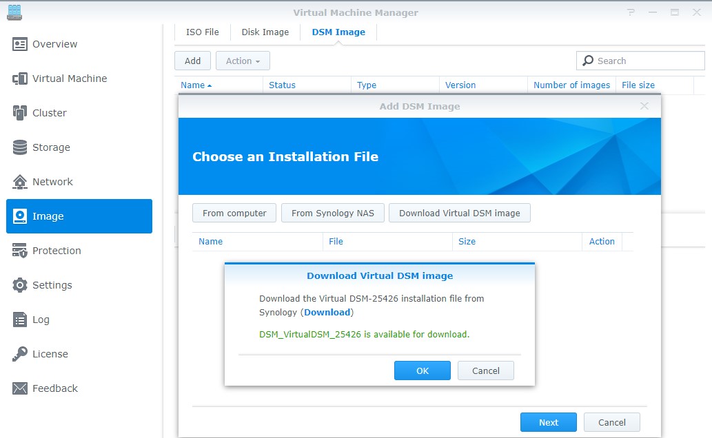 Synology DSM Virtual Machine - downloading the virtual dsm image