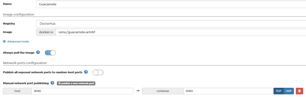 raspberry pi apache guacamole creation process with name, container, and port