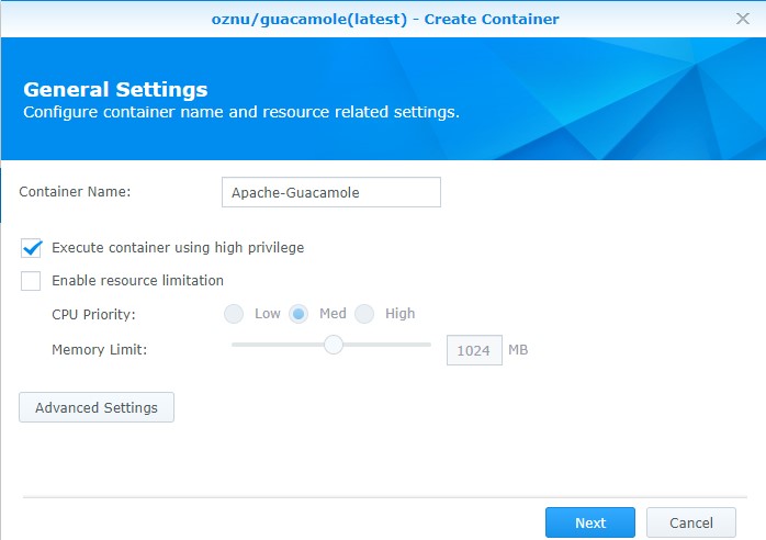 synology nas apache guacamole container creation