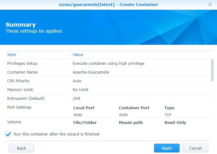 Synology NAS Apache Guacamole Setup Instructions! 7 apache guacamole container settings