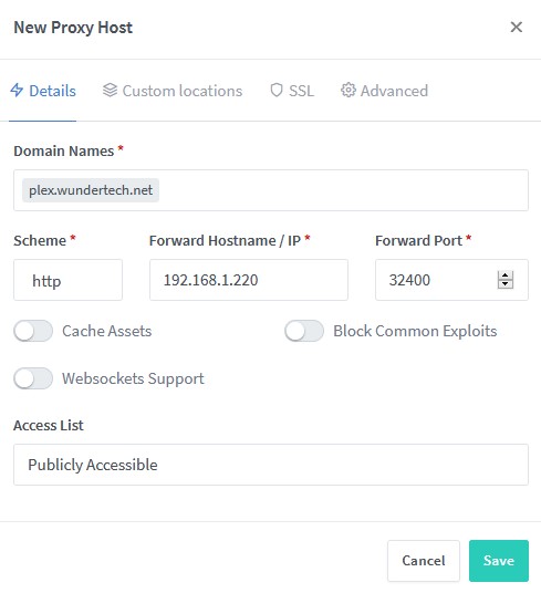 plex ssl certificate - reverse proxy configuration in nginx proxy manager