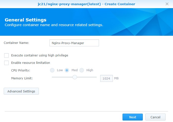 nginx proxy manager synology - container creation