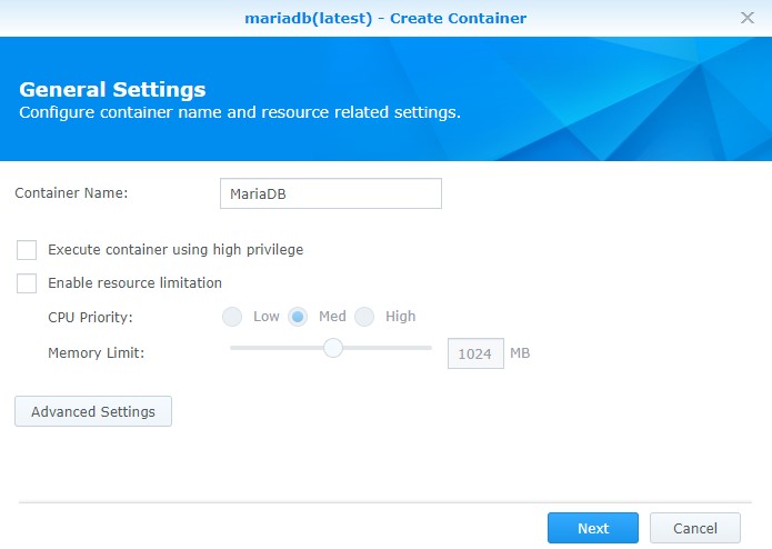 nginx proxy manager synology - mariadb container creation