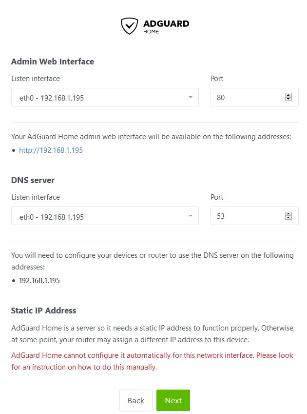adguard home web interface and dns server interface