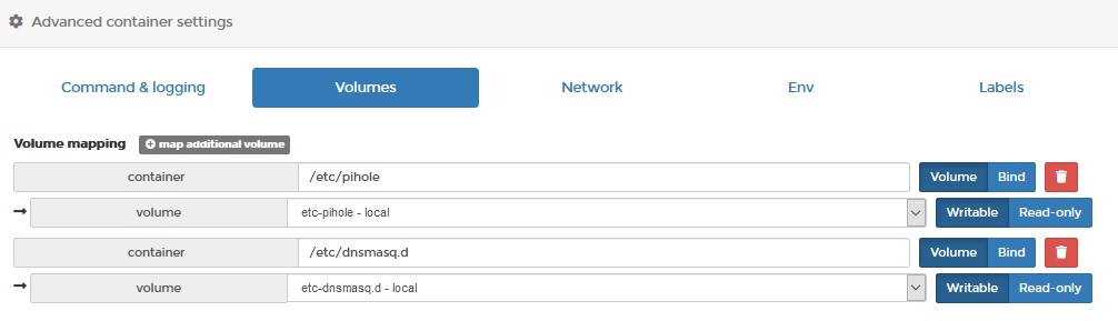 openmediavault pi-hole - volume settings for pi-hole