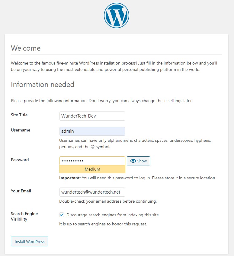 wordpress synology nas - site name, account, and password