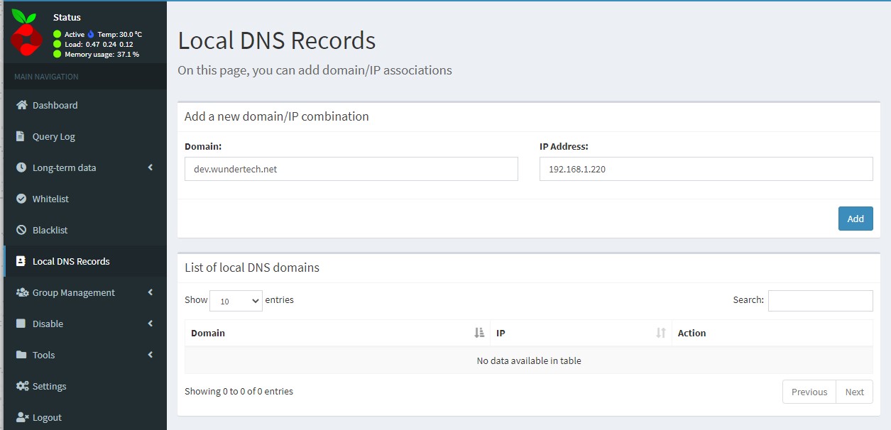local dns record in pi-hole for wordpress website