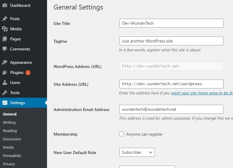 wordpress settings 