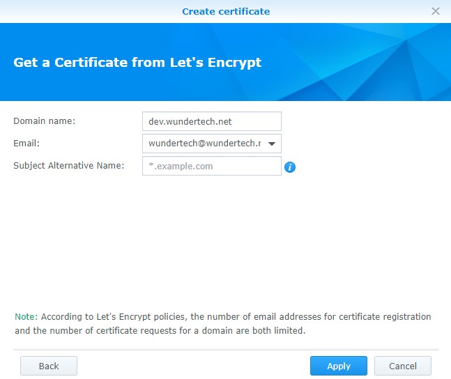 domain name and email address for the certificate 