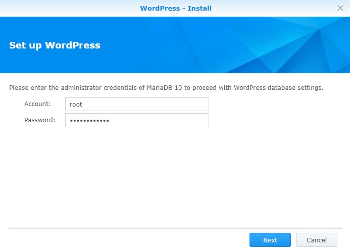 wordpress synology nas - account and password for mariadb