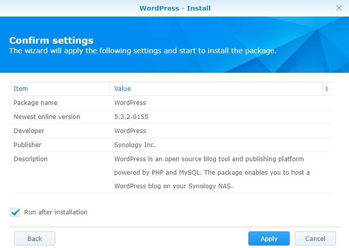 wordpress synology nas - confirmation of settings