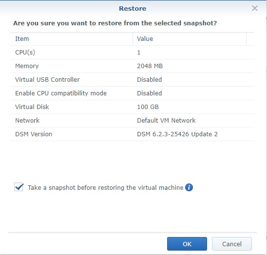 Install Synology's DSM 7.0 Beta as a Virtual Machine! 11 confirmation of snapshot restore