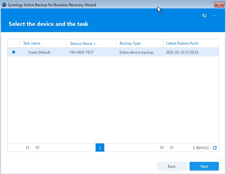 selecting the device to restore