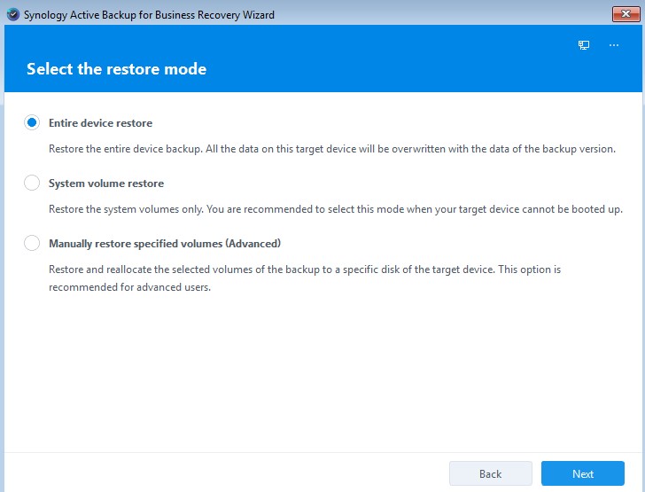 selecting to restore an entire device or a specific volume