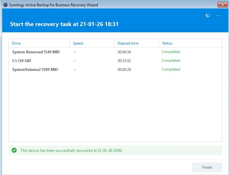 recovery task in active backup for business