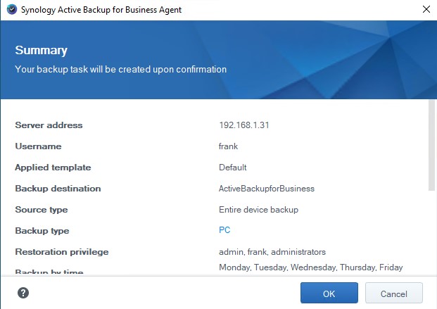 active backup for business windows - summary of settings