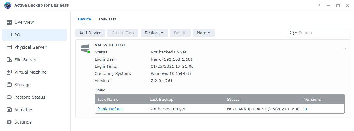 active backup for business windows - portal showing connected windows machine