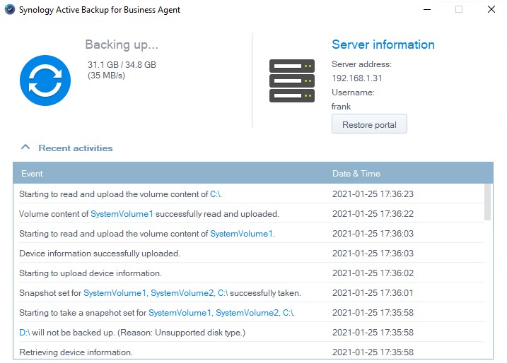 active backup agent running on PC