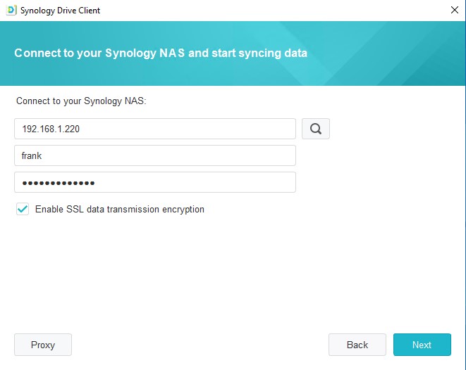 adding the ip address and user account of a synology drive user