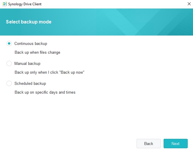 continuous, manual, or scheduled backup for synology drive