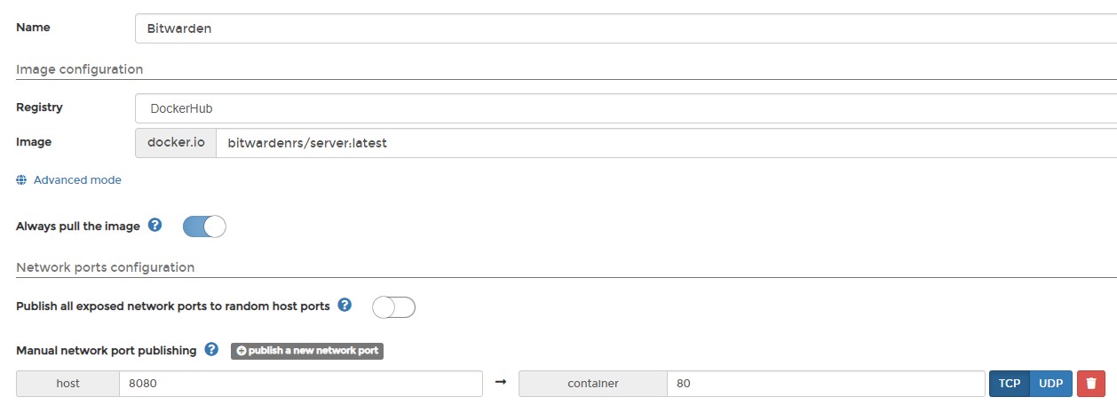 bitwarden raspberry pi - portainer container name and port settings for bitwarden