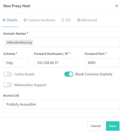 nginx proxy manager host for bitwarden