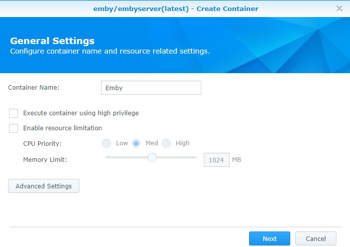 synology nas emby container creation for name and advanced settings